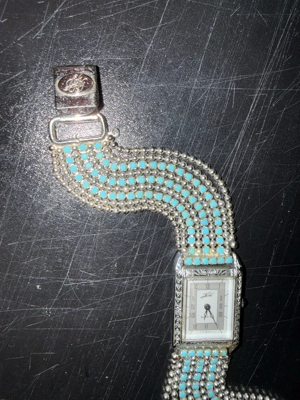 Vintage Kirks Folly Silver Watch with Turquoise Beaded Strap